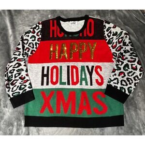 Feeling Festive Sweater Womens 2XL Red Ugly Christmas Holidays Sequin Leopard